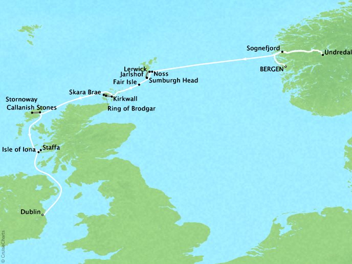Around the World Private Jet Cruises Lindblad NG Orion Map Detail  Bergen, Norway to Dublin, Ireland August 26 September 2 2023 - 7 Days