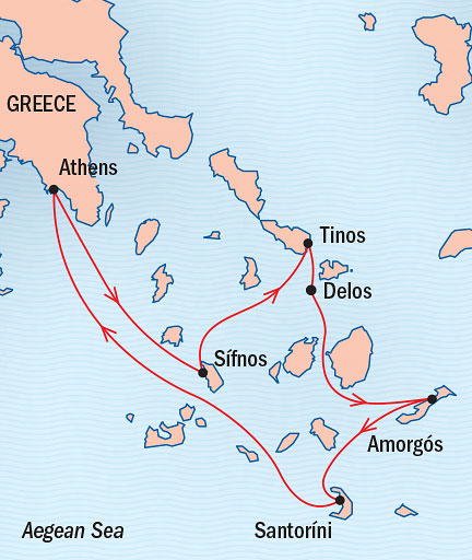 Around the World Private Jet Cruises Lindblad Expeditions Sea Cloud Map Detail Athens, Greece to Piraeus, Greece August 24-31 2017 - 7 Days