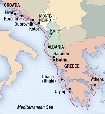Around the World Private Jet Cruises Lindblad Expeditions Sea Cloud Map Detail Dubrovnik, Croatia to Athens, Greece June 4-14 2017 - 10 Days