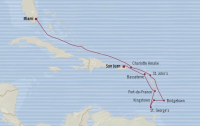 Cruises Oceania Insignia Map Detail Miami, FL, United States to San Juan, Puerto Rico November 14-24 2017 - 10 Days