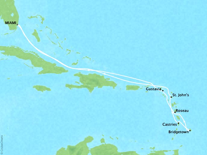 Cruises Oceania Insignia Map Detail Miami, FL, United States to Miami, FL, United States December 17-27 2018 - 10 Days