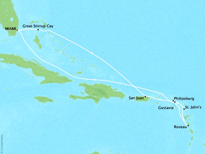 Cruises Oceania Insignia Map Detail Miami, FL, United States to Miami, FL, United States December 7-17 2018 - 10 Days