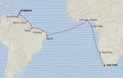 7 Seas Luxury Cruises Oceania Insignia Map Detail Bridgetown, Barbados to Cape Town, South Africa January 13 February 8 2024 - 27 Days