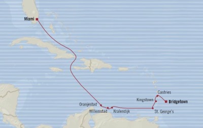 Cruises Oceania Insignia Map Detail Miami, FL, United States to Bridgetown, Barbados January 3-13 2018 - 10 Days