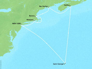 7 Seas Luxury Cruises Oceania Insignia Map Detail New York, NY, United States to New York, NY, United States July 15-25 2024 - 10 Days