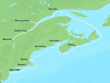 7 Seas Luxury Cruises Oceania Insignia Map Detail New York, NY, United States to Montreal, Canada October 23 November 2 2024 - 10 Days