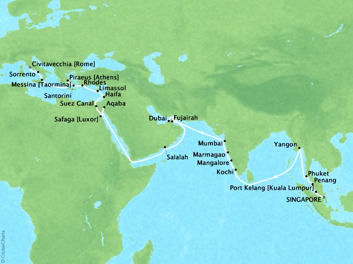 Cruises Oceania Insignia Map Detail Singapore, Singapore to Civitavecchia, Italy April 25 June 4 2019 - 39 Days
