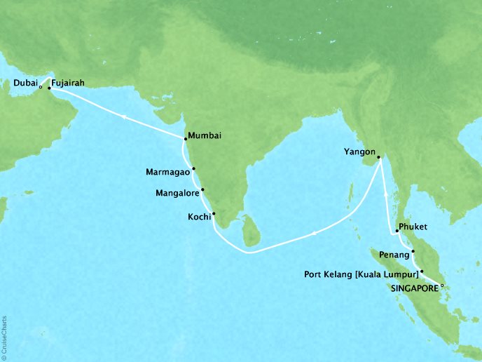 Cruises Oceania Insignia Map Detail Singapore, Singapore to Dubai, United Arab Emirates April 25 May 13 2019 - 17 Days
