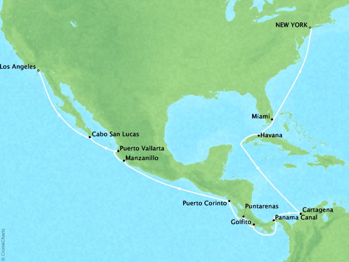 Cruises Oceania Insignia Map Detail New York, NY, United States to Los Angeles, CA, United States January 11-30 2019 - 19 Days