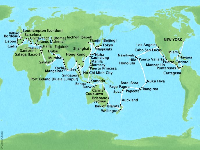 Cruises Oceania Insignia Map Detail New York, NY, United States to Southampton, United Kingdom January 11 June 19 2019 - 158 Days