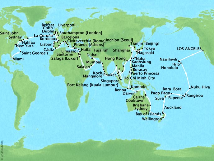 7 Seas Luxury Cruises Oceania Insignia Map Detail Los Angeles, CA, United States to Miami, FL, United States January 30 July 11 2024 - 161 Days