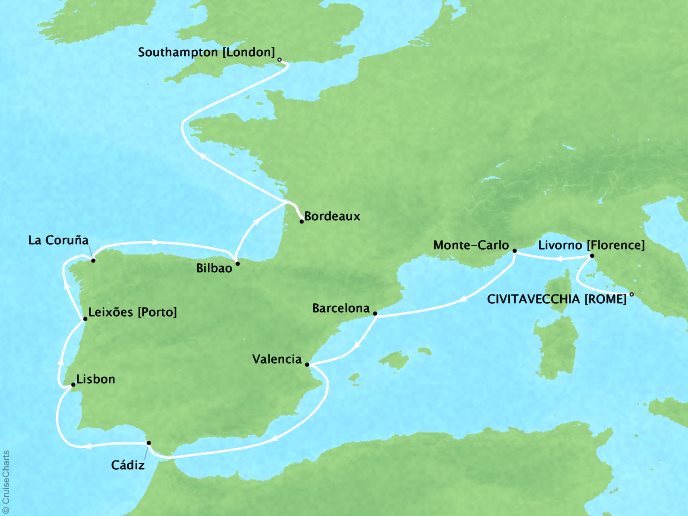 Cruises Oceania Insignia Map Detail Civitavecchia, Italy to Southampton, United Kingdom June 4-19 2019 - 15 Days