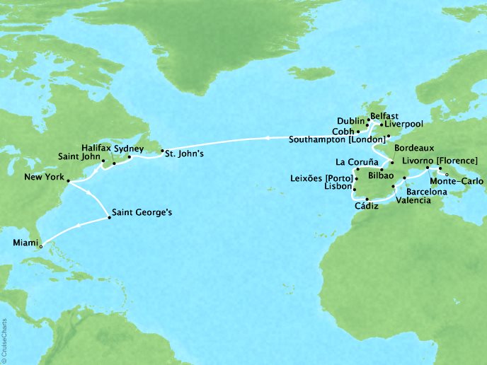 7 Seas Luxury Cruises Cruises Oceania Insignia Map Detail Civitavecchia, Italy to Miami, FL, United States June 4 July 11 2022 - 36 Days