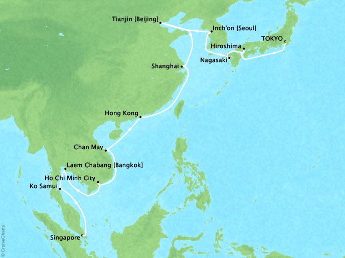 Cruises Oceania Insignia Map Detail Tokyo, Japan to Singapore, Singapore March 31 April 25 2019 - 25 Days