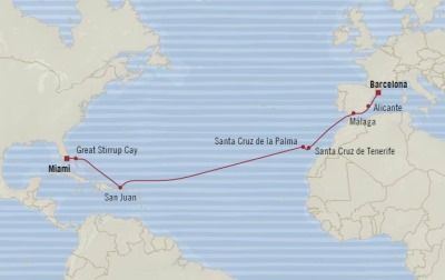 Cruises Oceania Marina Map Detail Barcelona, Spain to Miami, FL, United States December 3-17 2017 - 14 Days