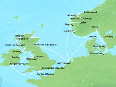 7 Seas Luxury Cruises Oceania Marina Map Detail Amsterdam, Netherlands to Southampton, United Kingdom July 14 August 9 2024 - 26 Days