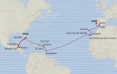 7 Seas Luxury Cruises Oceania Marina Map Detail Miami, FL, United States to Lisbon, Portugal March 16 April 10 2026 - 25 Days