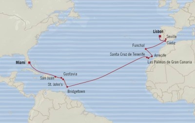7 Seas Luxury Cruises Oceania Marina Map Detail Miami, FL, United States to Lisbon, Portugal March 23 April 10 2026 - 18 Days