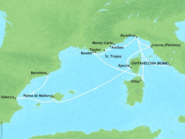 Cruises Oceania Marina Map Detail Civitavecchia, Italy to Barcelona, Spain November 2-16 2018 - 14 Days