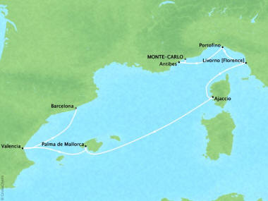 7 Seas Luxury Cruises Oceania Marina Map Detail Monte Carlo, Monaco to Barcelona, Spain September 9-16 2024 - 7 Days