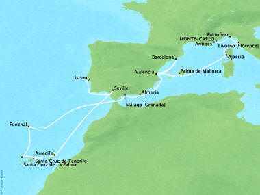 7 Seas Luxury Cruises Cruises Oceania Marina Map Detail Monte Carlo, Monaco to Lisbon, Portugal November 9-28 2022 - 19 Days