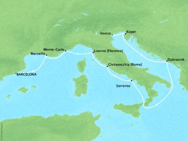 7 Seas Luxury Cruises Oceania Marina Map Detail Barcelona, Spain to Venice, Italy October 16-26 2024 - 10 Days