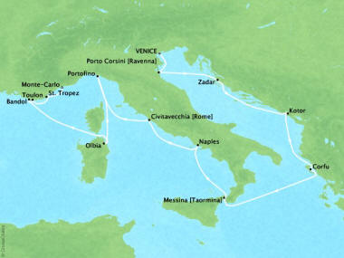7 Seas Luxury Cruises Oceania Marina Map Detail Venice, Italy to Monte Carlo, Monaco October 26 November 9 2026 - 14 Days