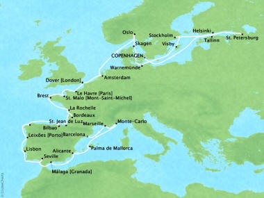 7 Seas Luxury Cruises Cruises Oceania Marina Map Detail Copenhagen, Denmark to Barcelona, Spain September 15 October 16 2022 - 31 Days