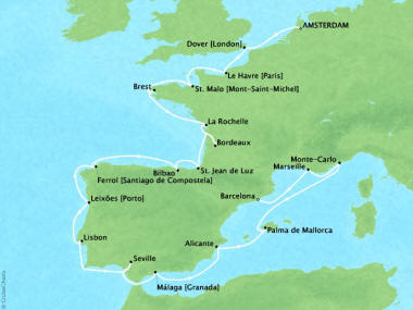 7 Seas Luxury Cruises Oceania Marina Map Detail Amsterdam, Netherlands to Barcelona, Spain September 27 October 16 2024 - 19 Days
