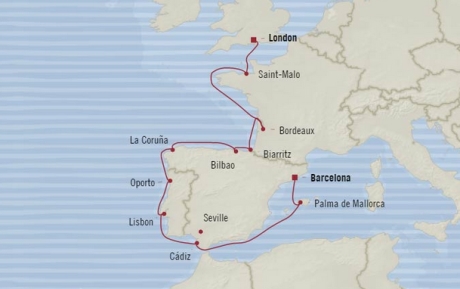 Cruises Oceania Nautica Map Detail Southampton, United Kingdom to Barcelona, Spain September 21 October 5 2017 - 14 Days