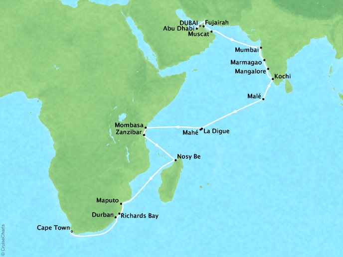 Cruises Oceania Nautica Map Detail Dubai, United Arab Emirates to Cape Town, South Africa December 6 2018 January 5 2019 - 30 Days