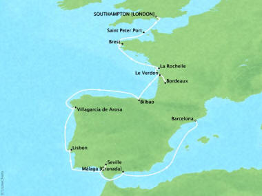 Cruises Oceania Nautica Map Detail Southampton, United Kingdom to Barcelona, Spain September 26 October 10 2018 - 14 Days