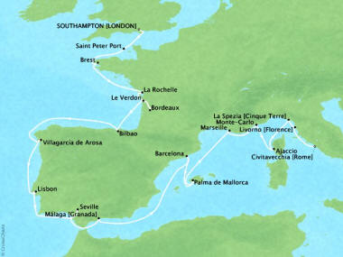 Cruises Oceania Nautica Map Detail Southampton, United Kingdom to Civitavecchia, Italy September 26 October 17 2018 - 21 Days