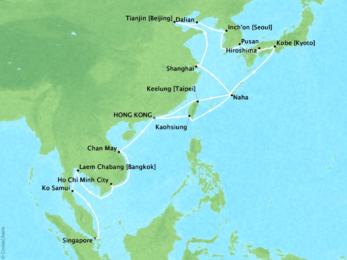 7 Seas Luxury Cruises Oceania Nautica Map Detail Hong Kong, China to Singapore, Singapore March 7 April 9 2024 - 33 Days