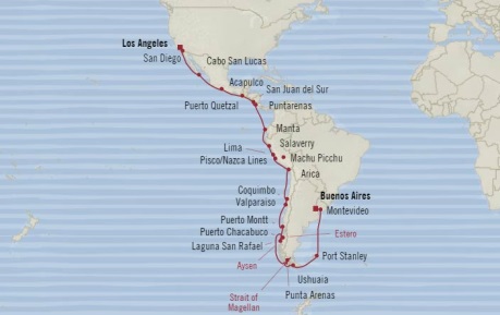 Cruises Oceania Regatta Map Detail Buenos Aires, Argentina to Los Angeles, CA, United States November 10 December 15 2017 - 35 Days