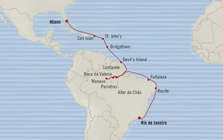 Cruises Oceania Regatta Map Detail Miami, FL, United States to Rio De Janeiro, Brazil October 8-29 2017 - 21 Days