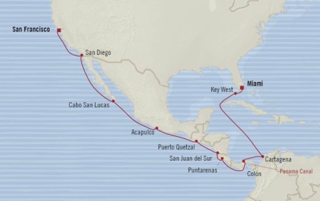 Cruises Oceania Regatta Map Detail San Francisco, CA, United States to Miami, FL, United States September 20 October 8 2017 - 18 Days