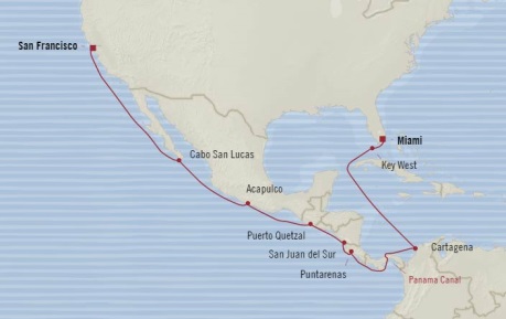 7 Seas Luxury Cruises Oceania Regatta Map Detail Miami, FL, United States to San Francisco, CA, United States April 28 May 14 2026 - 16 Days
