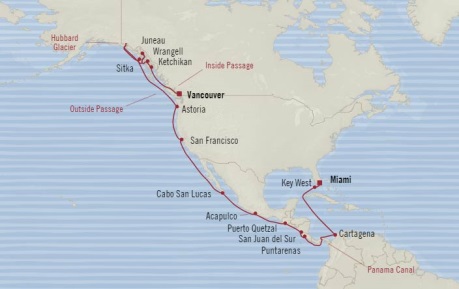 7 Seas Luxury Cruises Oceania Regatta Map Detail Miami, FL, United States to Vancouver, Canada April 28 May 24 2026 - 26 Days