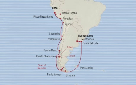 7 Seas Luxury Cruises Oceania Regatta Map Detail Callao, Peru to Buenos Aires, Argentina February 24 March 16 2026 - 20 Days