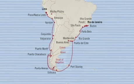 7 Seas Luxury Cruises Oceania Regatta Map Detail Callao, Peru to Rio De Janeiro, Brazil February 24 March 28 2026 - 32 Days