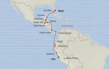 7 Seas Luxury Cruises Oceania Regatta Map Detail Miami, FL, United States to Callao, Peru February 6-24 2026 - 18 Days