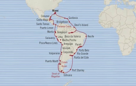 7 Seas Luxury Cruises Oceania Regatta Map Detail Miami, FL, United States to Miami, FL, United States February 6 April 18 2026 - 71 Days