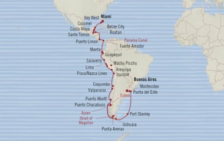 7 Seas Luxury Cruises Oceania Regatta Map Detail Miami, FL, United States to Buenos Aires, Argentina February 6 March 16 2026 - 38 Days