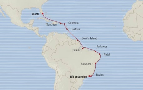 7 Seas Luxury Cruises Oceania Regatta Map Detail Rio De Janeiro, Brazil to Miami, FL, United States January 19 February 6 2026 - 18 Days