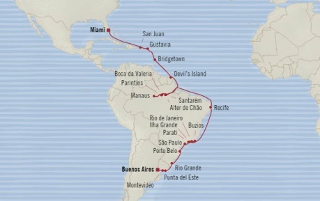7 Seas Luxury Cruises Oceania Regatta Map Detail Buenos Aires, Argentina to Miami, FL, United States March 16 April 18 2026 - 33 Days