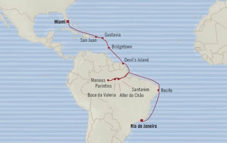 7 Seas Luxury Cruises Oceania Regatta Map Detail Rio De Janeiro, Brazil to Miami, FL, United States March 28 April 18 2026 - 21 Days