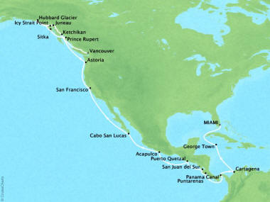 7 Seas Luxury Cruises Cruises Oceania Regetta Map Detail Miami, FL, United States to Vancouver, Canada May 6 June 2 2022 - 27 Days