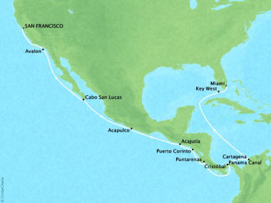 7 Seas Luxury Cruises Oceania Regatta Map Detail San Francisco, CA, United States to Miami, FL, United States October 8-26 2024 - 18 Days