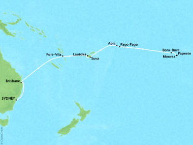 7 Seas Luxury Cruises Oceania Regatta Map Detail Sydney, Australia to Papeete, French Polynesia March 1-16 2024 - 15 Days